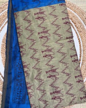 Dual Tone Tribal Print Saree In Indigo And Beige