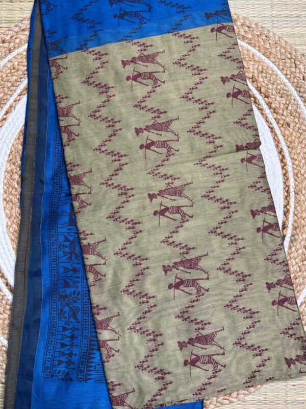 Dual Tone Tribal Print Saree In Indigo And Beige