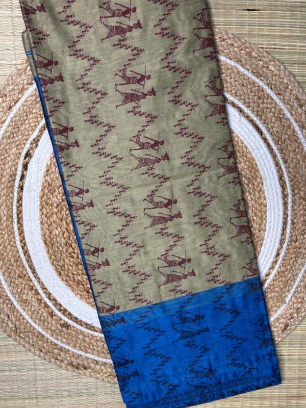 Dual Tone Tribal Print Saree In Indigo And Beige