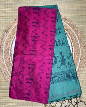 Dual Tone Tribal Print Saree In Fuchsia Pink & Aqua Green