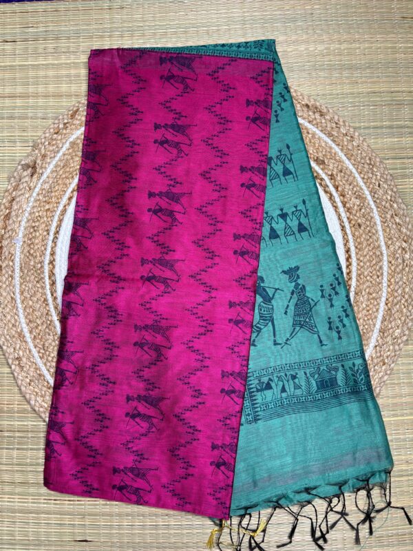Dual Tone Tribal Print Saree In Fuchsia Pink & Aqua Green