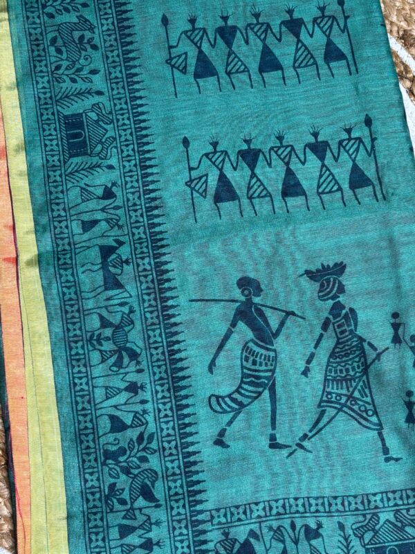 Dual Tone Tribal Print Saree In Fuchsia Pink & Aqua Green