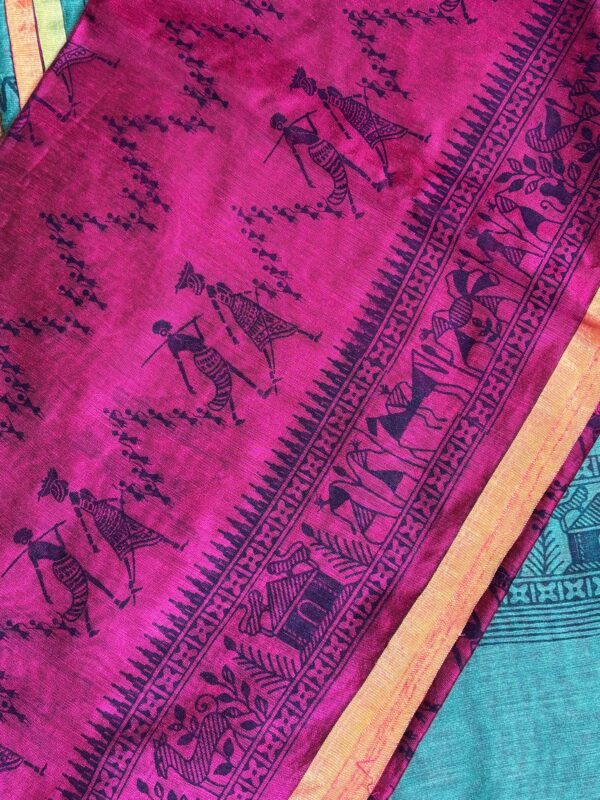 Dual Tone Tribal Print Saree In Fuchsia Pink & Aqua Green