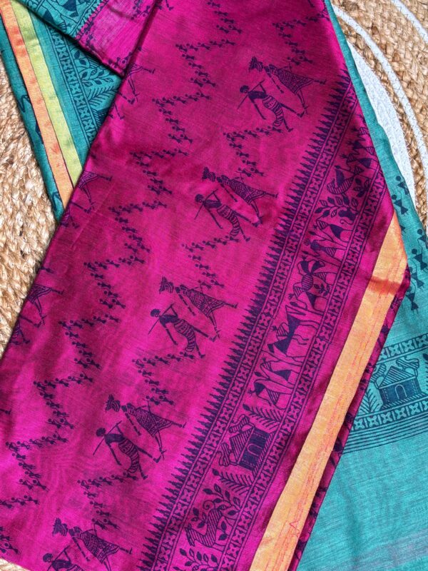 Dual Tone Tribal Print Saree In Fuchsia Pink & Aqua Green