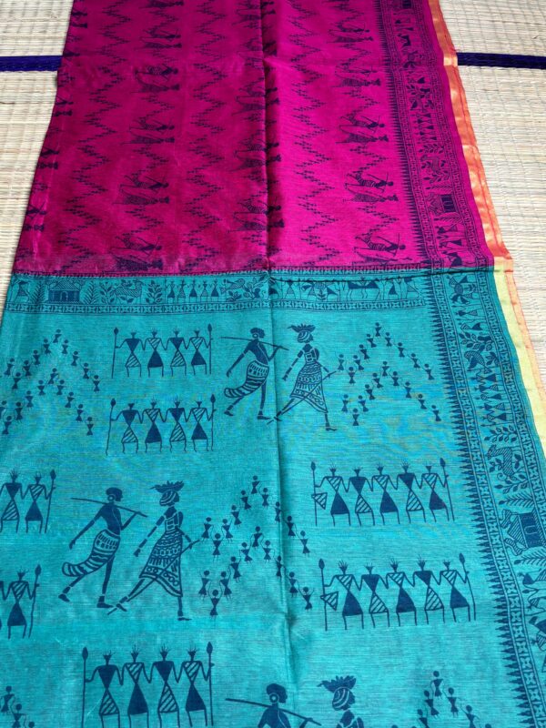 Dual Tone Tribal Print Saree In Fuchsia Pink & Aqua Green
