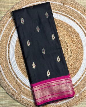 Black Paithani Silk With Contrast Pink Border