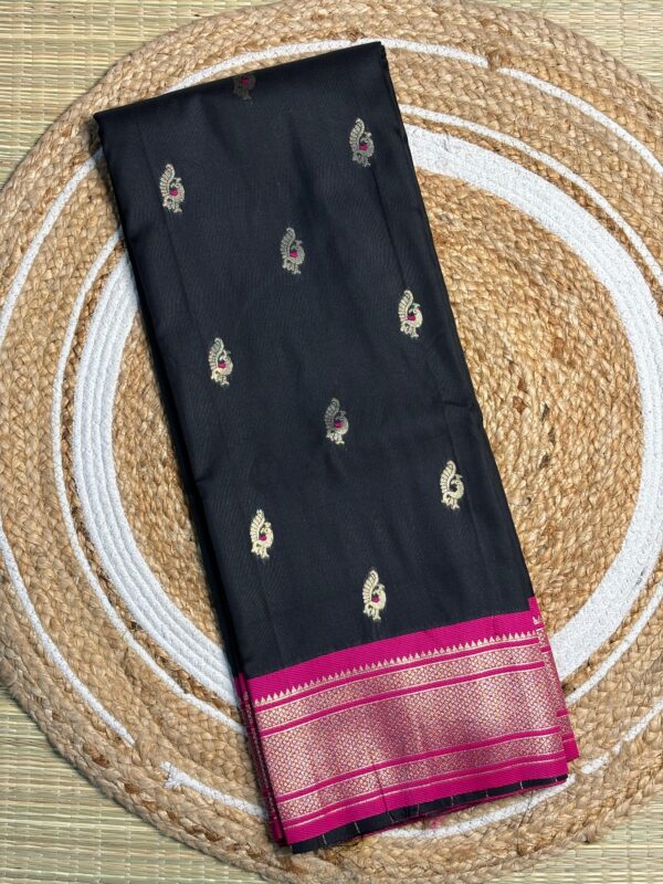 Black Paithani Silk With Contrast Pink Border