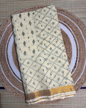 Ivory Tant Handloom Saree With Gold Zari Border