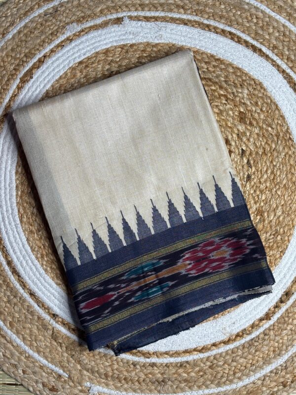 Off White Pure Tusser Saree With Ikat Border And Temple Design