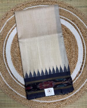 Off White Pure Tusser Saree With Ikat Border And Temple Design