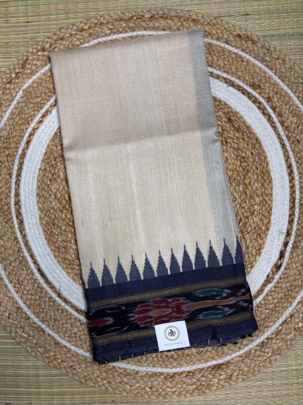 Off White Pure Tusser Saree With Ikat Border And Temple Design