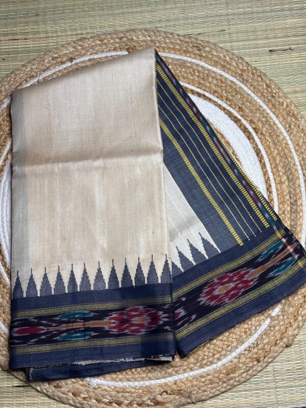 Off White Pure Tusser Saree With Ikat Border And Temple Design