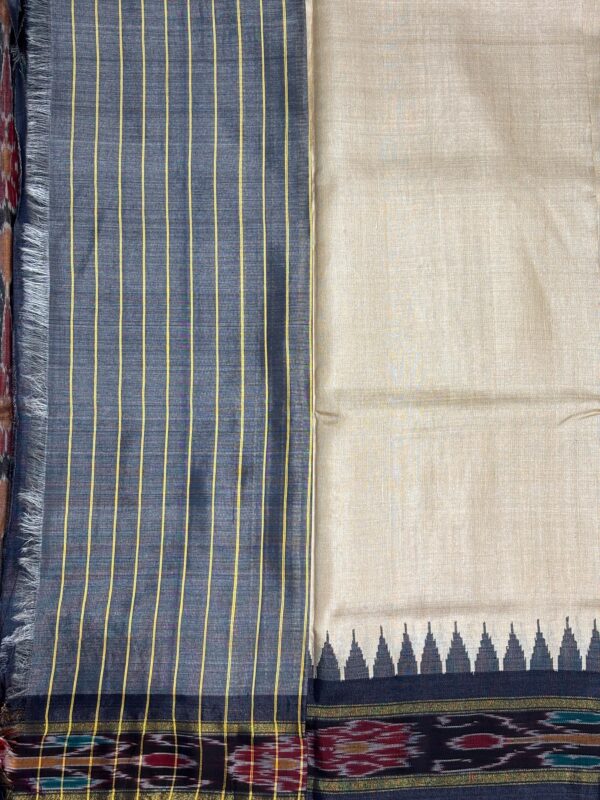 Off White Pure Tusser Saree With Ikat Border And Temple Design