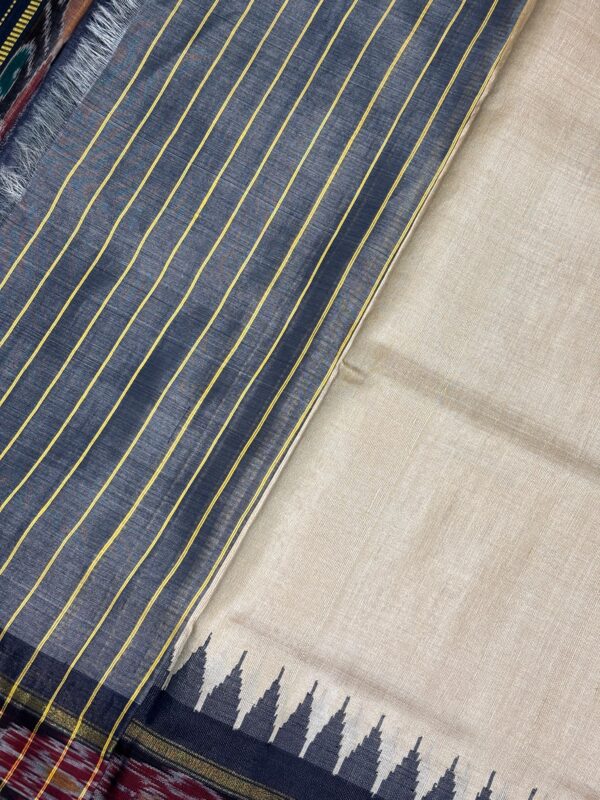 Off White Pure Tusser Saree With Ikat Border And Temple Design