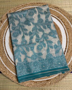 Teal Floral Jamdani Cotton Saree