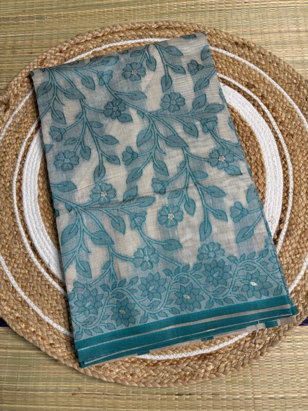 Teal Floral Jamdani Cotton Saree
